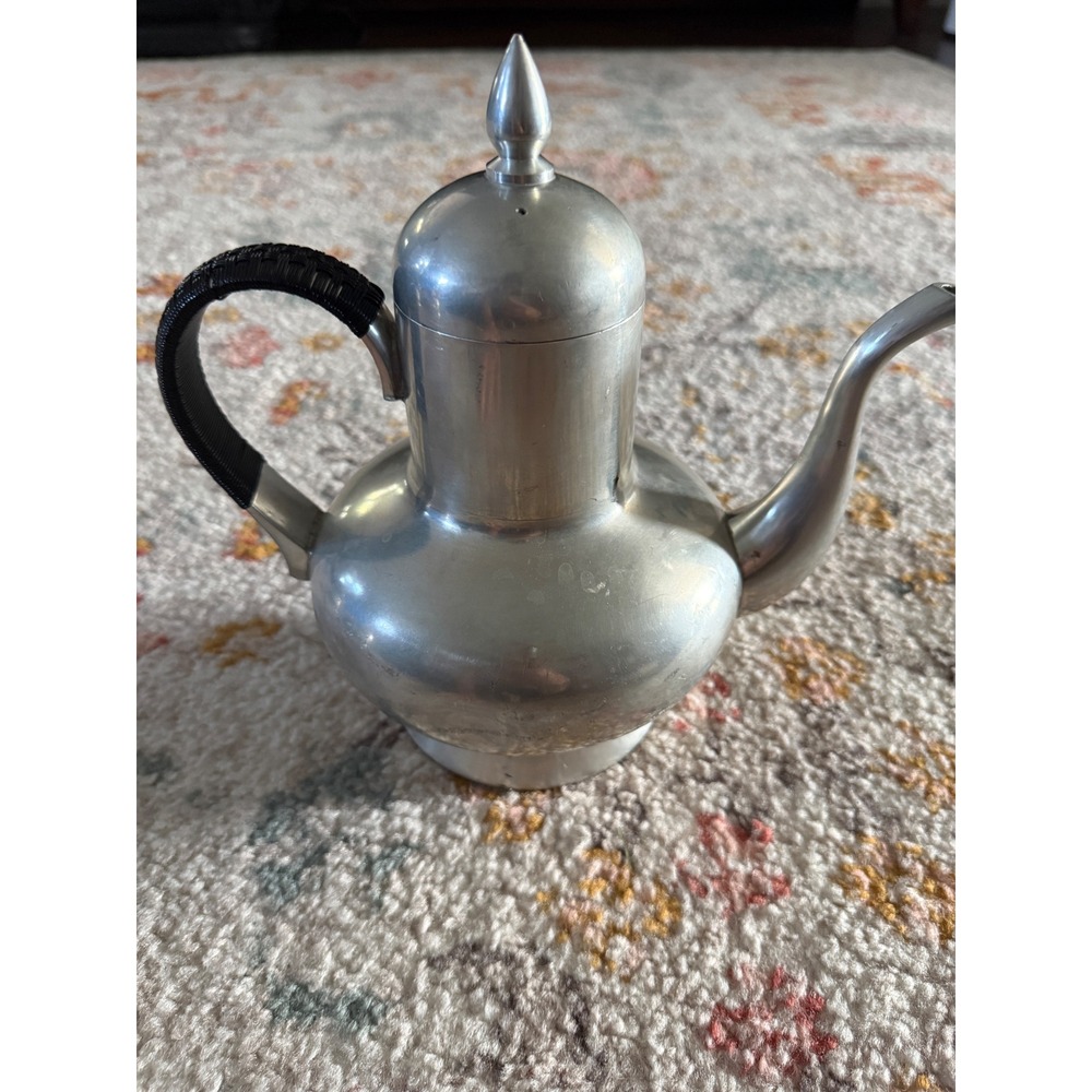 TKP Handmade Indonesia Pewter Teapot Woven Handle Vintage 8.5 Inch Silver Tone